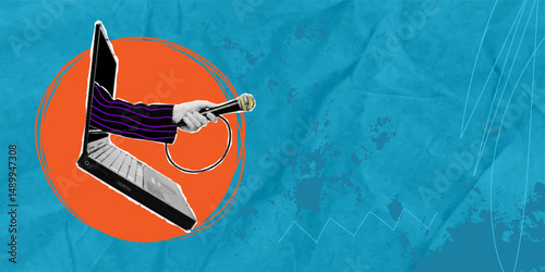 Collage art, the hand with a microphone sticking out of the laptop on blue background. Yellow press from a laptop, daily news.