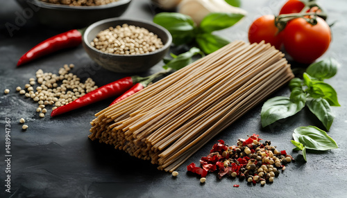 Uncooked buckwheat noodles and fresh ingredients on black table photo