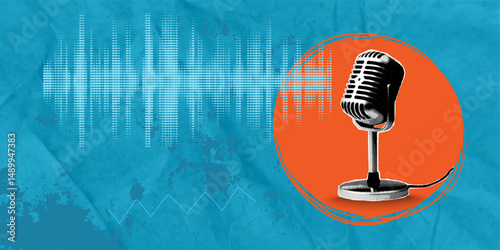Trendy halftone collage in pop art style, microphone on blue background with space for text or advertisement. Concept of interview and advertisement.