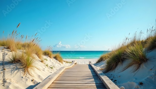 Fototapeta Naklejka Na Ścianę i Meble -  Serene wooden boardwalk leading to sandy dune beach with clear blue sky background, path, dune, beach