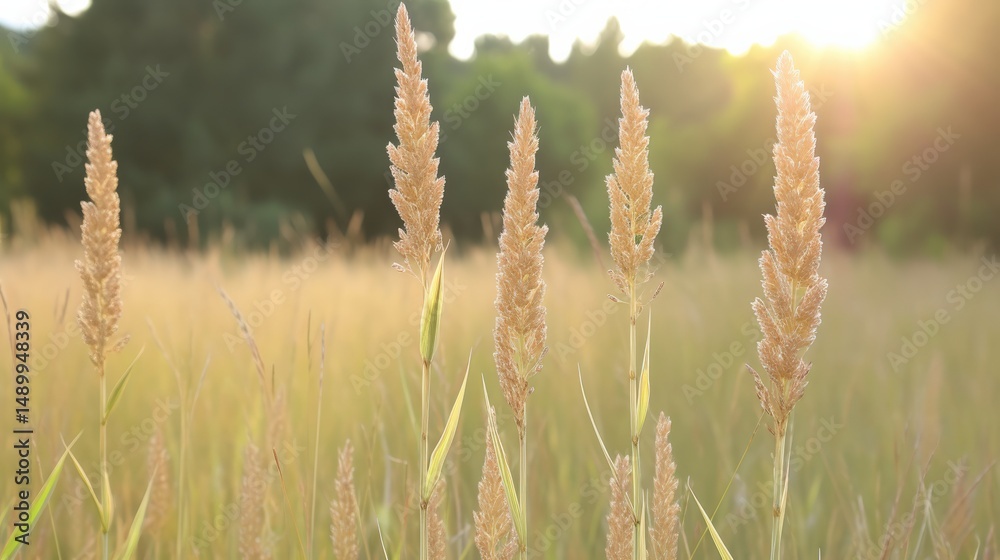 Golden wheat field at sunset with soft sunlight and elegant grass blades Golden wheat field at sunset with soft sunlight and elegant grass blades