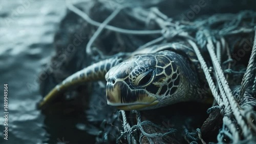 A sea turtle entangled in fishing nets, highlighting marine life struggles and the impact of pollution.