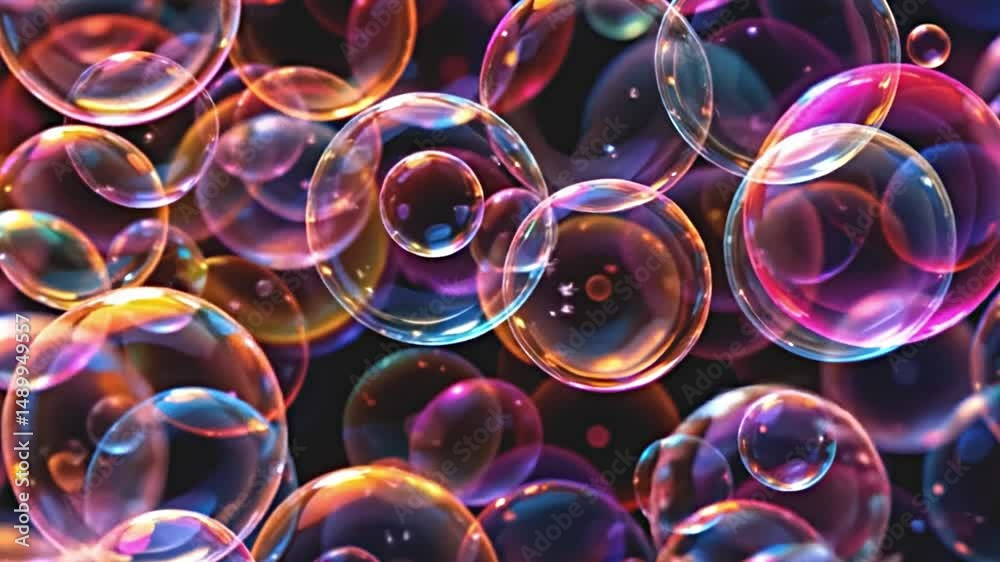 multiple layers of colorful bubbles, each with a unique glow, some transparent and others opaque, creating intricate overlapping patterns, the black background amplifying their brilliance
