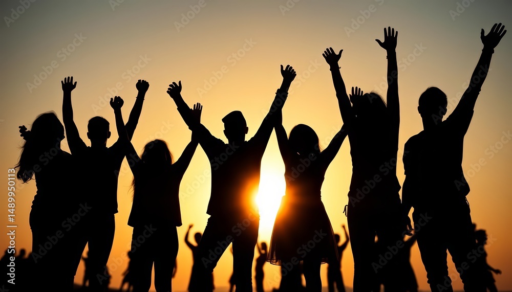 Fototapeta premium Silhouettes of figures joyfully celebrating, arms raised, suggesting success and friendship, positive, event