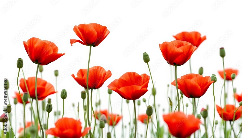 Obraz premium Silver and green stylized red poppies in a field against a white background, image, green