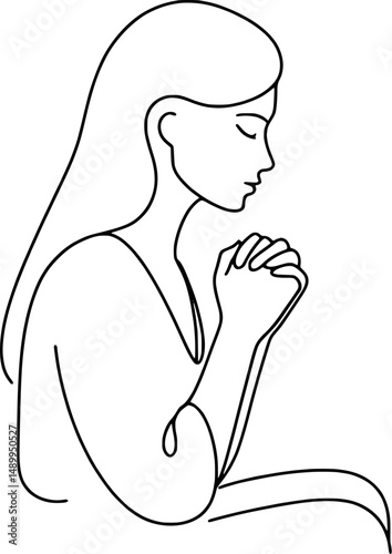 A single-line drawing of a woman praying, with a simple, continuous black outline, depicting her head bowed, and hands clasped in prayer position. The image style is minimalist