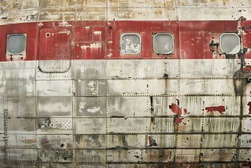 Exploring Weathered Airplane Fuselage: A Study in Rust, Metal Panels, and Rivets, Showing Patina and Texture Details of an Aircraft's Exterior Surface.  A Detailed Look at the Aging Process of Metal.