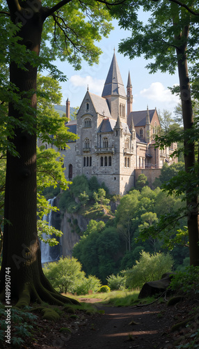 Fairy tale castle surrounded by green forest and mountains
