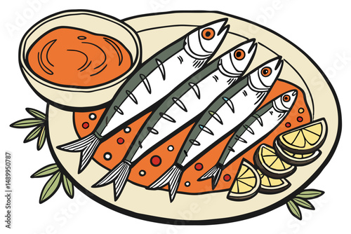 99 sardines, fish fillets, orange sauce, food photography, high detail, studio lighting, sharp focus, vibrant colors
