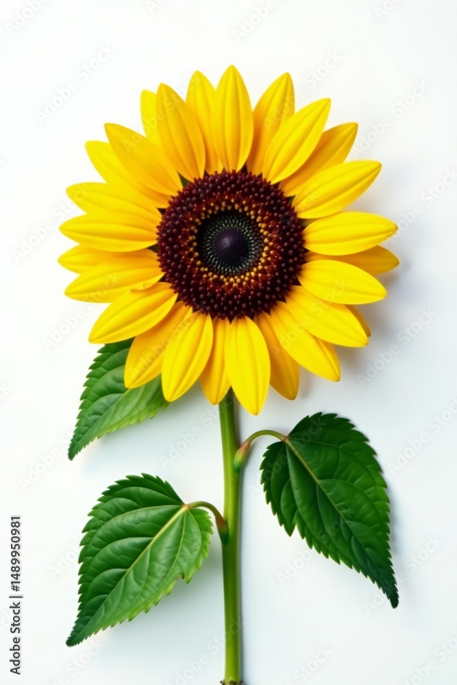 Obraz premium Single sunflower with large bloom and green leaves, top view, petals, flat lay, yellow