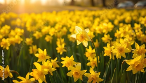 Single white daffodil blossoms amidst a field of yellow daffodils under the spring morning sun, flowering, sunlight
