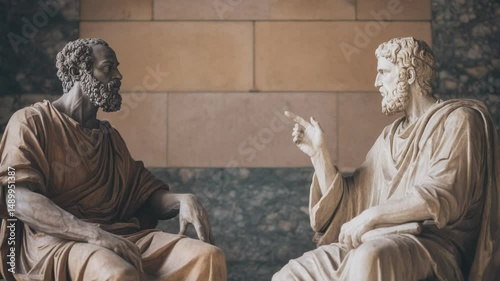 Two ancient philosophers engaged in deep conversation on wisdom and ethics.