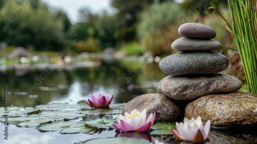 A beautiful pond with a few rocks and a few pink flowers