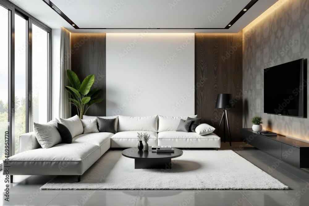Fototapeta premium Sleek and minimalist living room with monochrome color palette and geometric furniture, interior, home, luxury