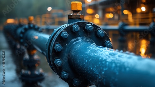 Close up of industrial pipe and valve with water droplets in urban environment