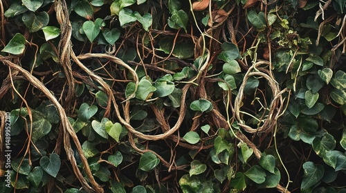 Ivy vines intertwining on a wall, green leaves background, nature texture