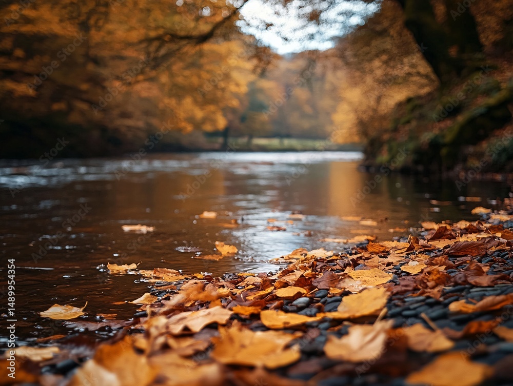 Fototapeta premium Tranquil autumn river scene riverside nature photography serene environment close-up peaceful reflection
