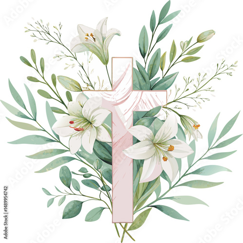 Elegant floral cross design featuring lilies and greenery on a soft background.
