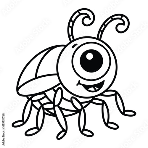 Bug with big eye Coloring Page, Silhouette, Vector, Illustration, Icon, Logo, White Background.