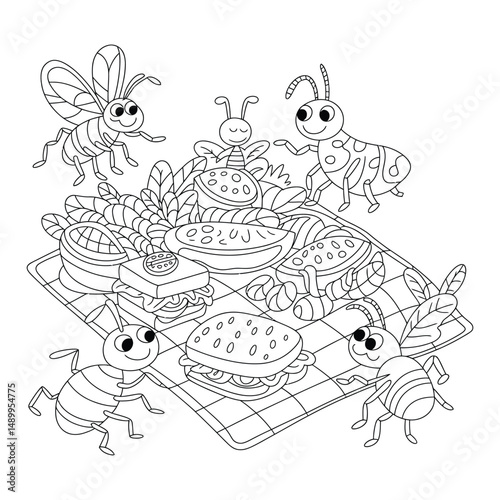 Bug picnic with sandwiches Coloring Page, Silhouette, Vector, Illustration, Icon, Logo, White Background.