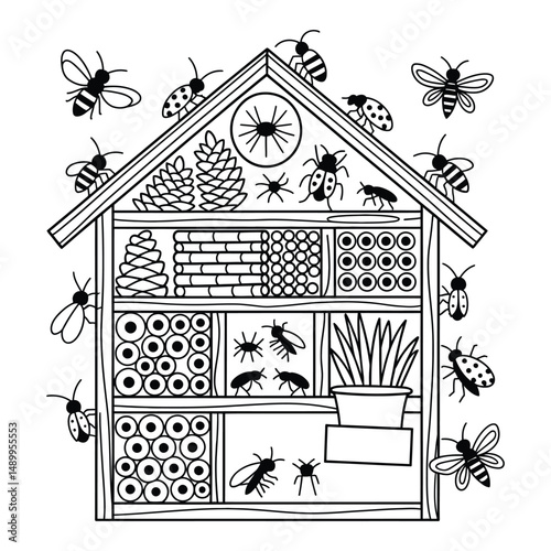 Insect hotel scene Coloring Page, Silhouette, Vector, Illustration, Icon, Logo, White Background.