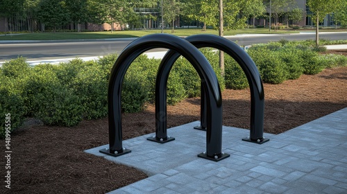 Double bike rack, outdoor, office park, landscaping