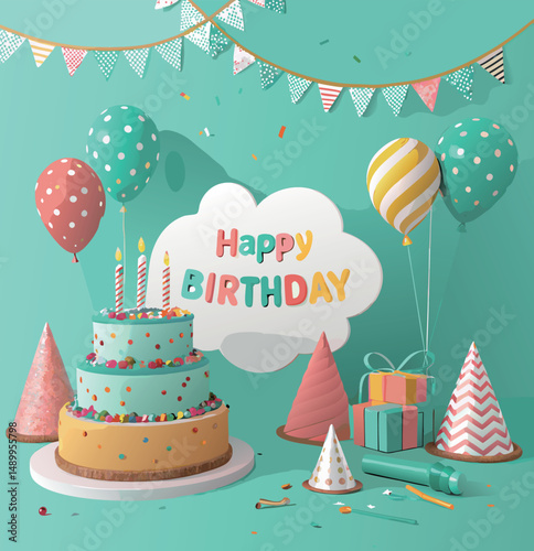 Colorful birthday celebration setup with a cake, balloons, and gifts.