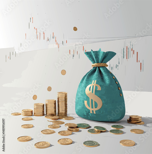 A vibrant teal money bag filled with coins symbolizes wealth and financial growth.