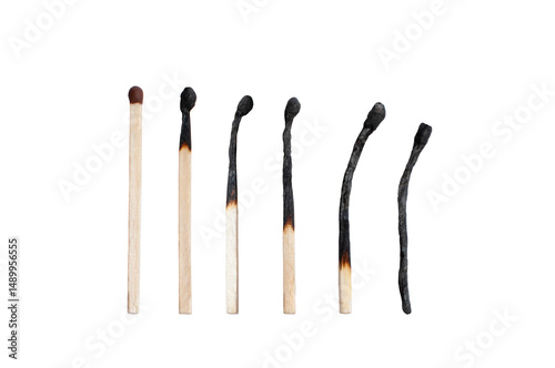 Conceptual image of burnout and stress with burnt matches on white background, symbolizing mental exhaustion and recovery stages
