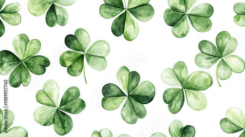 Watercolor clover isolated on white background, Lucky clover leaves with four leaf,Clover flowers background,Patricks day watercolor clipart,Spring flower pattern,St. Patrick s day seamless pattern.