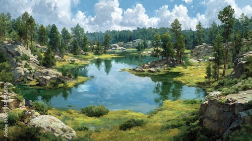 Scenic view of lake in pine forest with summer growth concept. Serene lake surrounded by lush greenery and majestic trees.