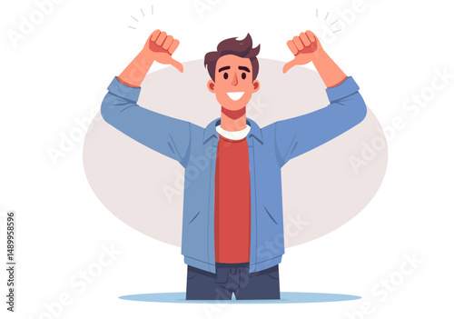 The young man raised his thumb towards himself in a proud manner.