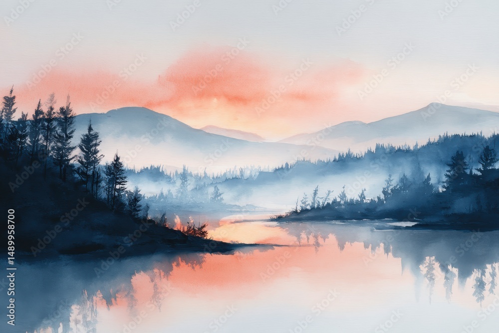 Fototapeta premium Serene Misty Landscape with Reflections at Dawn Over Calm Water Surrounded by Forested Hills and Soft Pastel Clouds in a Tranquil Nature Scene
