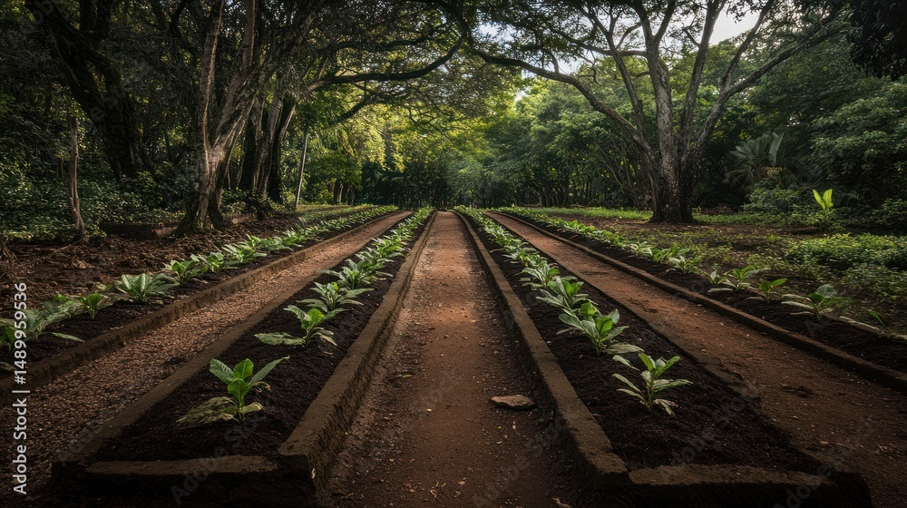 Obraz premium Garden path, plants, tropical forest, sunlight, nature, tranquil, serenity, background, peaceful, stock photo