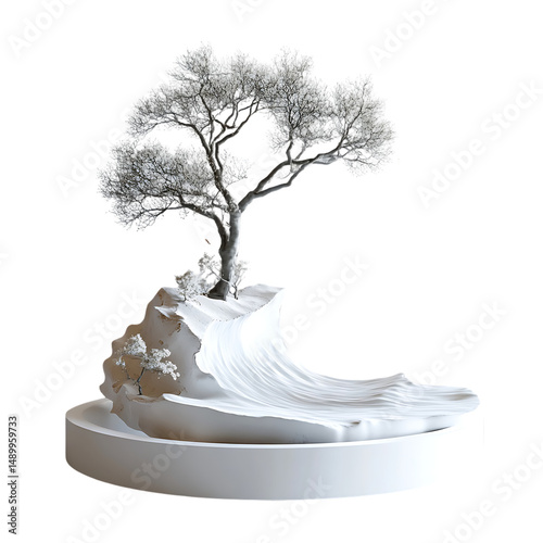 Digitally rendered, stylized bonsai tree and its sculpted base. The design features smooth, light gray and white forms.
