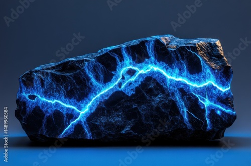 Luxurious fossilized marble with deep black base and glowing blue
