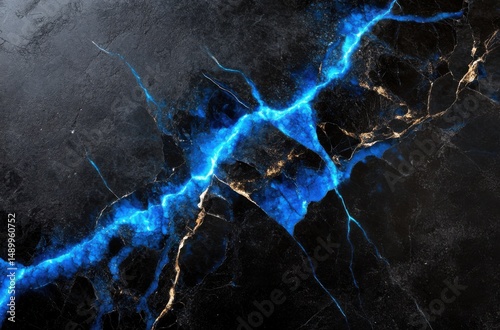 Luxurious fossilized marble with deep black base and glowing blue
