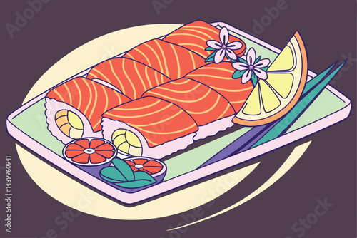 151 colorful, appetizing sushi, vibrant orange slices, shiny ginger, delicate edible flowers, iridescent surface reflection, dramatic lighting, minimalist dark background
