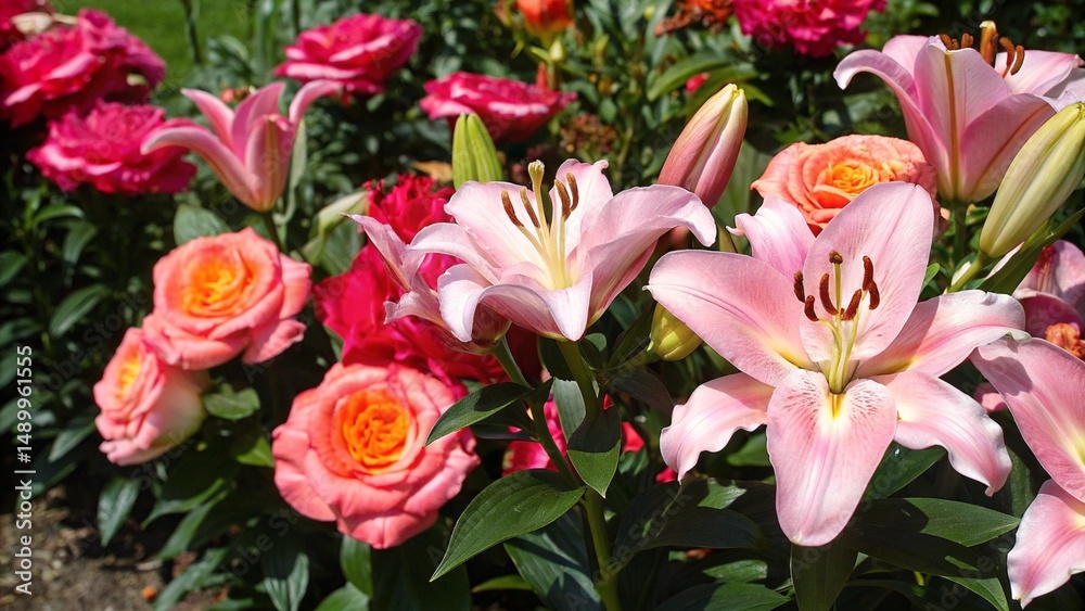 Pink lilies and roses in a vibrant garden Pink lilies and roses in a vibrant garden