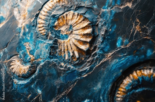 Luxurious fossilized marble with deep black base and glowing blue