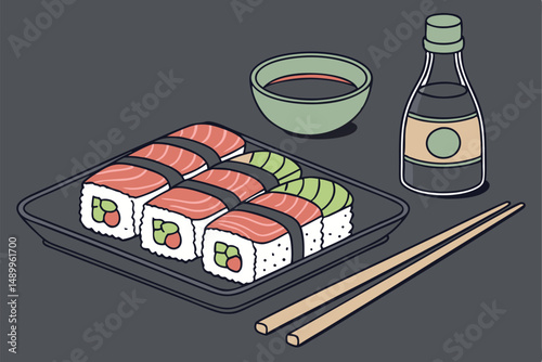 152 multicolored sushi, wasabi, soy sauce, chopsticks, black plate, dark moody lighting, minimalist background, food photography