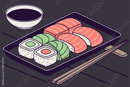 152 multicolored sushi, wasabi, soy sauce, chopsticks, black plate, dark moody lighting, minimalist background, food photography