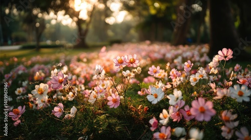 Blooming flowers in meadow through dreamy gardens and paradise concept. A vibrant field of blooming flowers in soft evening light.