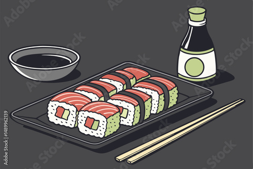 152 multicolored sushi, wasabi, soy sauce, chopsticks, black plate, dark moody lighting, minimalist background, food photography