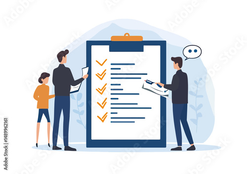 Business people reviewing checklist on large clipboard with documents and discussion in office workspace vector illustration in flat design style