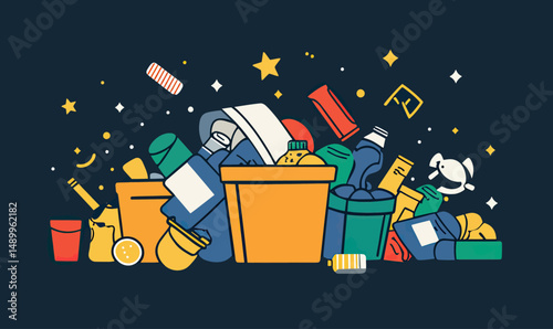 Colorful pile of assorted rubbish including plastic bottles paper cups containers scattered waste clutter in flat minimalist vector style illustration on dark background