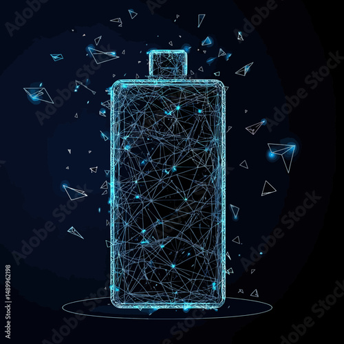 Polygonal digital battery with glowing blue wireframe mesh and floating geometric fragments on dark background technology concept illustration