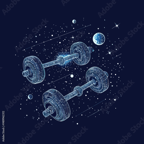 Wireframe dumbbells floating in abstract starry space with planets and cosmic elements futuristic fitness technology vector graphic concept