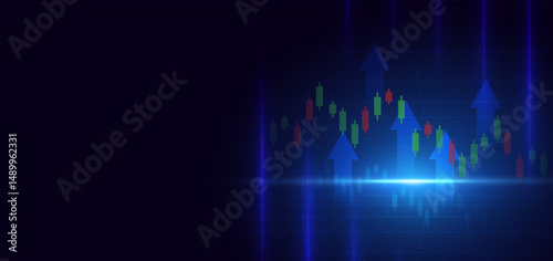 Abstract arrow up with stock market candlesticks glowing light effedct on dark blue background.