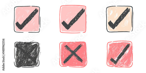 Hand drawn check marks and cross marks in colorful square boxes with rough sketch style for voting approval rejection concept vector illustration